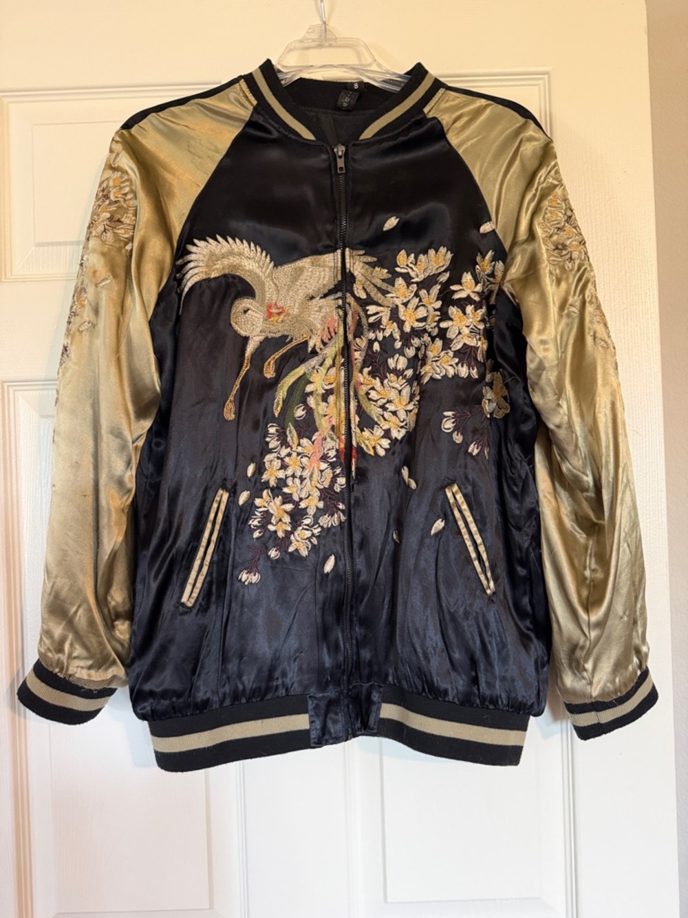 Women's Embroidered Satin Bomber Jacket - Black & Gold